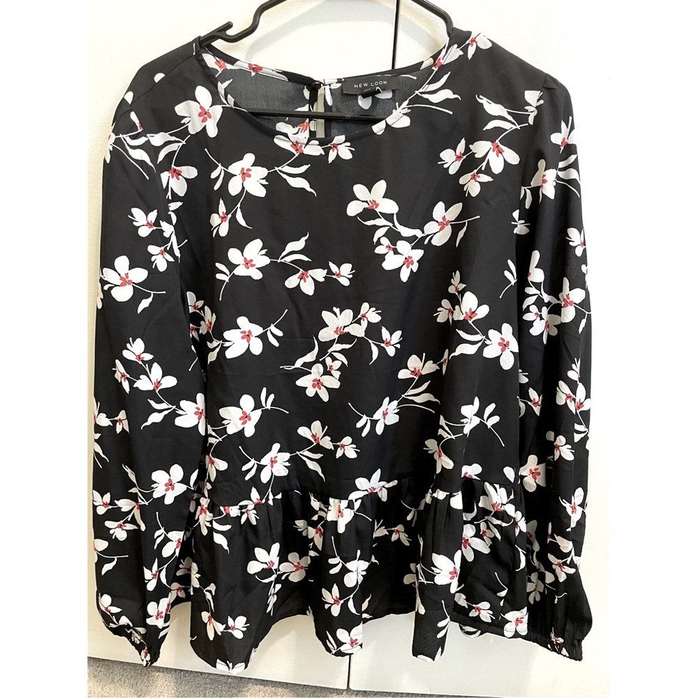 Black Blouse w White floral print.